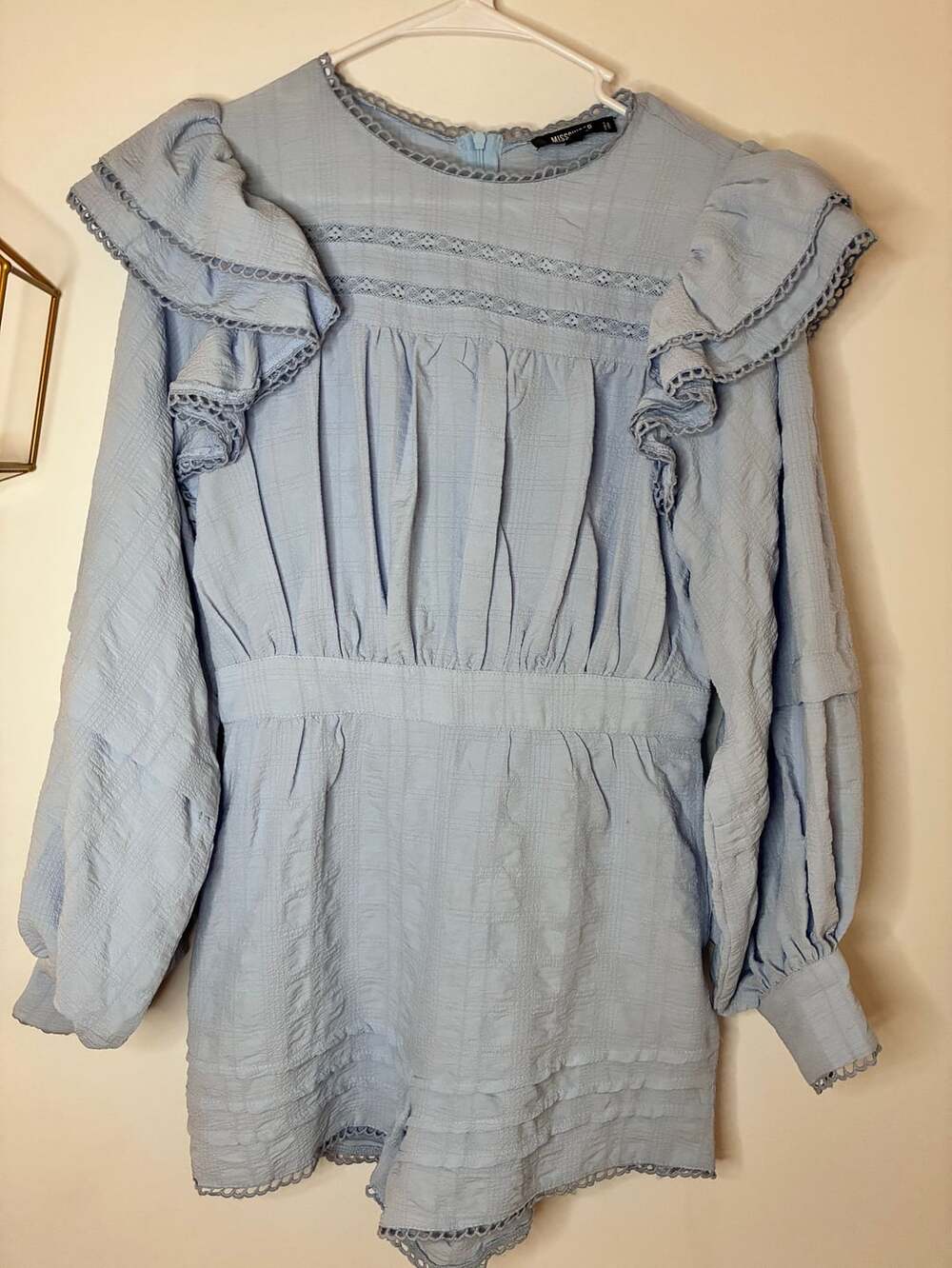 Missguided Petite Romper Size 4 Light Blue Ruffle Long Sleeve
